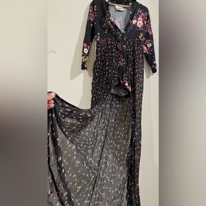 ANIYE BY Black Floral Tie-Front Long Sleeve Midi Dress WHITE SHORT